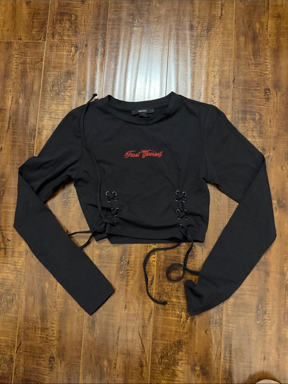 Forever 21 Black Lace-Up 'Trust Yourself' Long Sleeve Crop Top